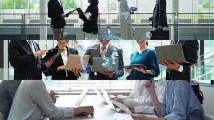 Aufkleber - Collage of various business scenes and communication network concept. Wipe transition from white background.