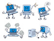 Computer service mascot. Laptop repair character, pc troubleshooting and IT technical support cartoon vector illustration set