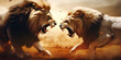 Two lions fighting in the dirt with the words lion king on the side inferno with blurred background
