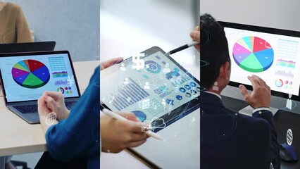 Aufkleber - Collage of various business scenes and communication network concept. Wipe transition from white background.
