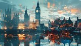 Fototapeta Londyn - Big Ben and London cityscape double exposure contemporary style minimalist artwork collage illustration