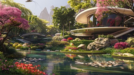 A futuristic home, it is very advanced in appearance, there is a lush green pond around it, and there are colorful flowers and gardens, there is also a futuristic swing bridge, a Future city images