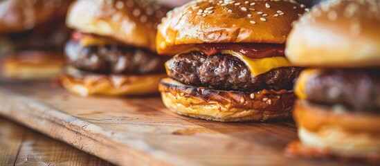 Wall Mural - A close-up shot of homemade burgers on a wooden surface