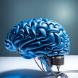human brain model attached to wires, artificial mind and mind uploading concept