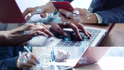 Poster - Collage of people using computers and digital technology concept. System engineering. Digital transformation. Wipe transition from white background.