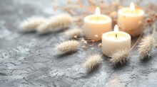   A Trio Of Candles Atop A Table Nearby, A Cluster Of Dry Grass And A Single Plant