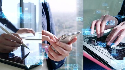 Aufkleber - Collage of people using various mobile device and digital technology concept. Digital transformation. Wipe transition from white background.