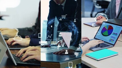 Aufkleber - Collage of various business scenes and communication network concept. Digital transformation. Smart office.  Wipe transition from white background.