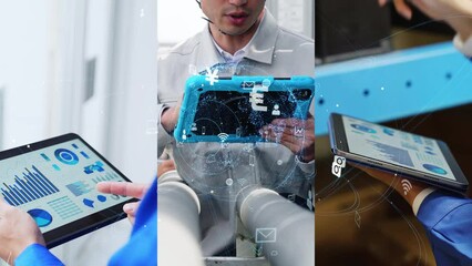 Poster - Collage of people in various job using tablet PC and digital technology concept. Digital transformation. Wipe transition from white background.