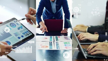 Aufkleber - Collage of various business scenes and statistics data concept. Management strategy. Wipe transition from white background.