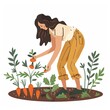 Flat cartoon woman picking carrots from a garden bed  