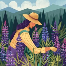 Flat Cartoon Woman Picking Purple Lupins In The Meadow  