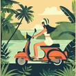 Young attractive woman riding a scooter, wearing helmet, popular city vehicle, exciting outdoor adventure, vector flat style cartoon illustration 