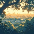 Idyllic Overlook of Cityscape with Trees and Birds in Sunrise Hues