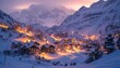 Snowy mountain village illuminated among mountains at night