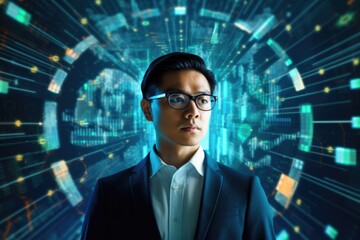Poster - tech analyst study cyber data chart from corporate system for statistical analytic defining marketin