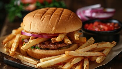 Poster - Fast food combo hamburger and French fries on a wooden table