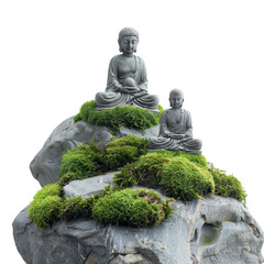 Golden buddha statue on mossy rocks, cut out