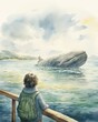A poster featuring a vintage watercolor illustration of a child whale watching from a boat, capturing the awe of marine life on a misty horizon.