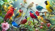 Bird Watching Design a thumbnail showcasing a variety of colorful birds in a natural setting, such as a forest, wetland, or backyard garden, to inspire bird watchers and nature enthusiasts to observe