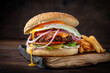 Burger with beef patty, bacon, cheese and egg. Juicy delicious hamburger on darkmood picture for restaurant decoration, poster. 