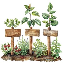 A Beautiful Watercolor Painting Showcasing Vegetable Plants Labeled With Wooden Signs, Including Tomatoes, Basil, And Lavender In A Garden Setting.