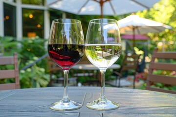 Pair of red pinot noir and white chardonnay on patio table outdoors under umbrellas in the summer