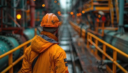 Wall Mural - Worker in orange workwear and hard hat walking in factory