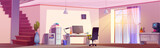 Fototapeta Dinusie - Sunlight inside house with work desk and staircase. Home office interior with computer table, chair, window and furniture for online freelance job. Remote workplace with coffee machine and plant