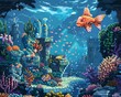 Craft a pixel art masterpiece depicting an underwater realm with a unique tilted angle view, using vibrant colors and intricate details to evoke a sense of serenity and mystery