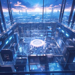 Lights Up Inside a Futuristic Server Room with Cybernetic Atmosphere