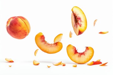 Wall Mural - Peach falling on white background