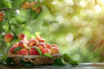 Wall Mural - Peaches in bamboo basket on wooden table in garden with blurry green backdrop