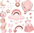 Watercolor Illustration Cute Vector Set of Classic Nursery Theme for Baby Girl 