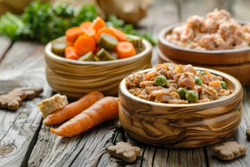 Poster - Pet food on wooden floor wet cat food in wood bowl with carrots dog pate in can soft pet food on white background