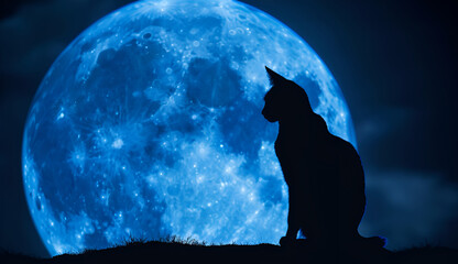 silhouette of a cat against a blue full moon at night