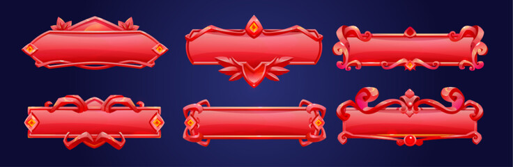 Poster - Red ui button frame for fantasy game banner vector. Medieval title bar element set. Play interface with metal border for rpg or casino app. Decorative ornate glossy menu panel or badge collection