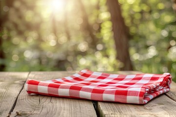 Red gingham napkin on wooden table with blurred background perfect for product display or food advertisement design