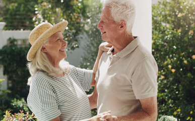 Poster - Mature people, man and woman in patio dancing for bonding, romance and love in relationship. Elderly couple, marriage and fun in garden or weekend with smile, happiness and affection with trust