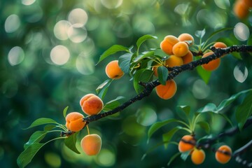  Ripe apricots on branch with leaves