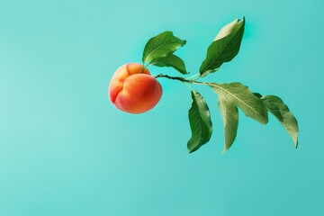 Wall Mural - Ripe peach with leaves floating on turquoise background food levitation concept high resolution image