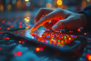 A finger touches a glowing smartphone screen with a colorful blurry background.