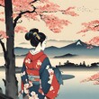 일본 풍경과 여인 