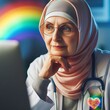 A happy doctor in electric blue hijab and glasses smiles while looking at laptop