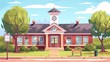 School building outside with yard elements. Cartoon modern illustration set of red brick wall, sign, bench, green trees and bushes, trash can. Schoolhouse design.