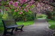 Sit on bench under pink blossoms in Greenwich Park London