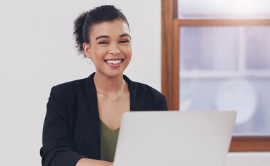 Poster - Happy woman, portrait and secretary with laptop for email, communication or business productivity at office. Female person or admin with smile on computer for schedule, task or assistant at workplace