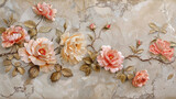 Fototapeta Młodzieżowe - Panel Wall Art, Beige Marble with Rose and Peony Designs