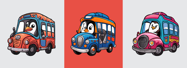 Canvas Print - A set of penguin bus driver steering a vehicle in a fun sticker style vector illustration. Generative AI