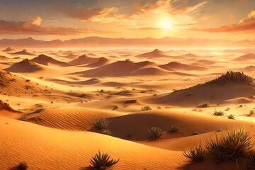 Wall Mural - A vast desert panorama, where dunes stretch beneath the scorching summer sun.